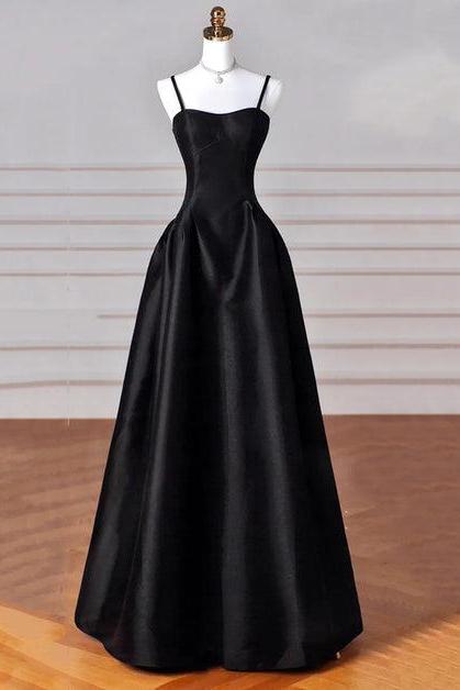Black A-line Straps Satin Long Party Dress Long Prom Dress Evening Dress Sa2145