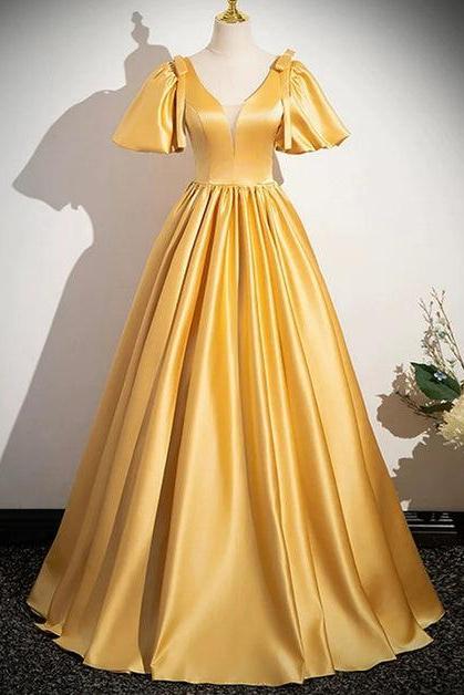 A-line Yellow Satin V-neckline Long Prom Formal Dress Sa2146
