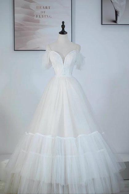 A-line Ivory Tulle V-neckline Straps Off Shoulder Evening Formal Prom Party Dress Sa2147