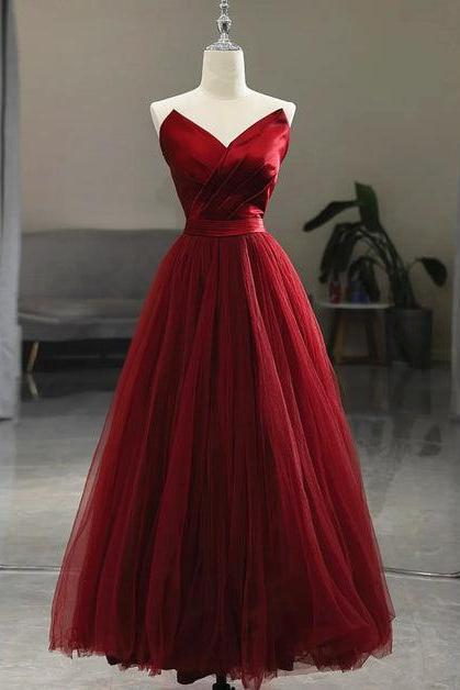 Wine Red Tea Length Tulle V-neckline Prom Formal Dress Sa2149