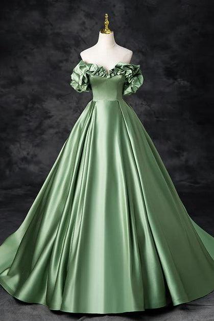 Green Satin Off Shoulder Long Party Dress Formal Dress Sa2150