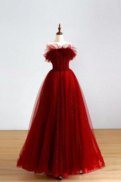 Red Tull A-line Scoop Long Prom Dress Tulle Evening Formal Dress Sa2153