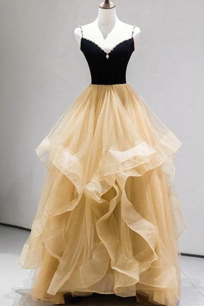 Champagne Tulle A-line Sweetheart Beaded Straps Prom Formal Dress Sa2154