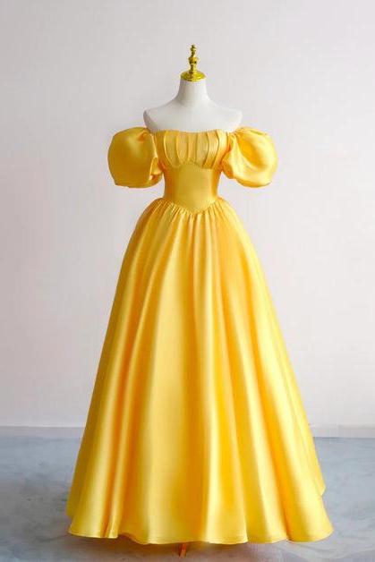 Yellow Satin Short Sleeves Party Dress Prom Dress Formal Dress Sa2156