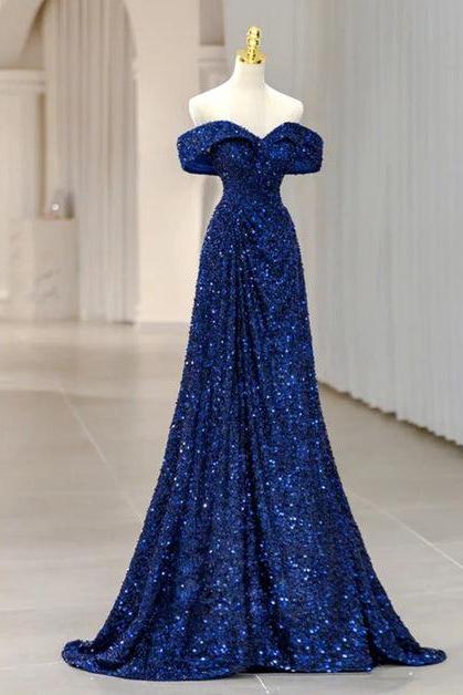 A-line Blue Sequins Off Shoulder Prom Dress Formal Evening Dress Sa2158