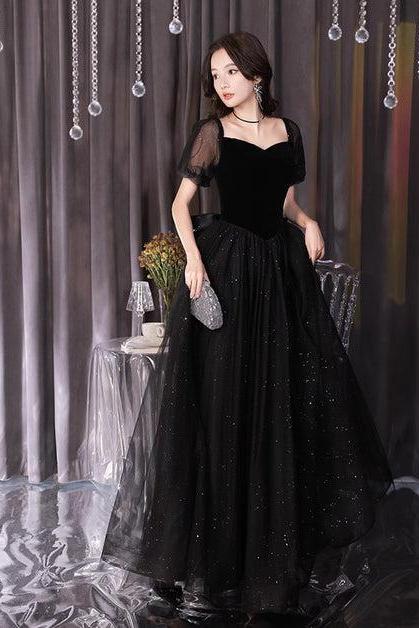 A-line Black Tulle And Velvet Short Sleeves Prom Dress Formal Evening Dress Sa2159