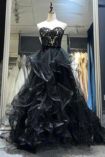 Black Sweetheart Tulle Layers Long Party Dress Formal Tulle Lace Prom Dress Sa2160