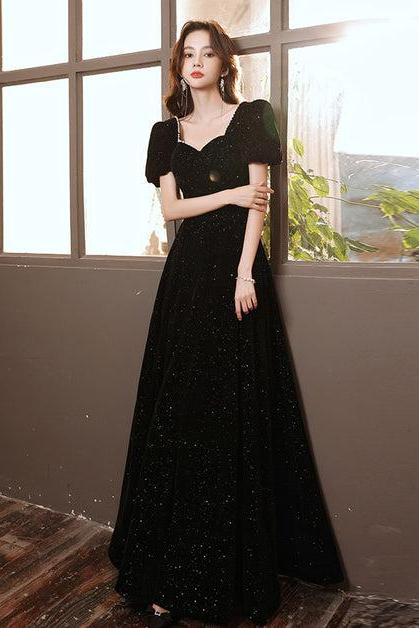 Black Short Sleeves A-line Velvet Long Prom Formal Evening Dress Sa2162