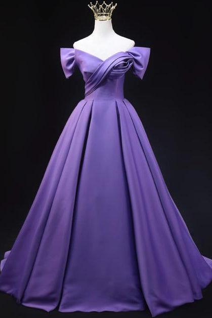 Purple Satin A-line Off Shoulder Long Party Dress Evening Dress Prom Formal Dress Sa2166