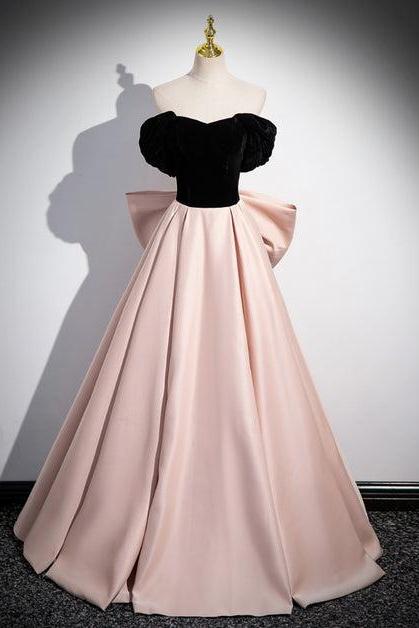 Pink And Black Off Shoulder Long Party Dress With Bow Formal Dress Prom Dress Sa2168