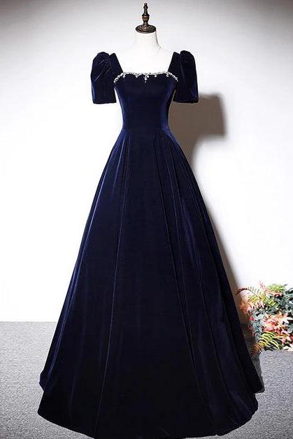 Navy Blue A-line Velvet Long Evening Dress Short Sleeves Beaded Prom Formal Dress Sa2172