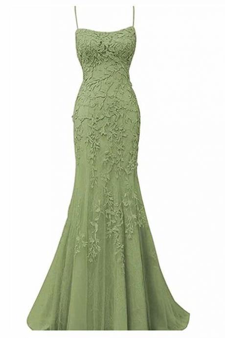 Green Mermaid Long Prom Dress With Lace Spaghetti Straps Evening Formal Dress Sa2176