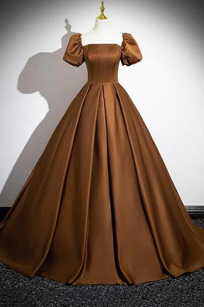 Brown Satin A-line Short Sleeves Party Dress Formal Prom Dress Evening Dress Sa2177