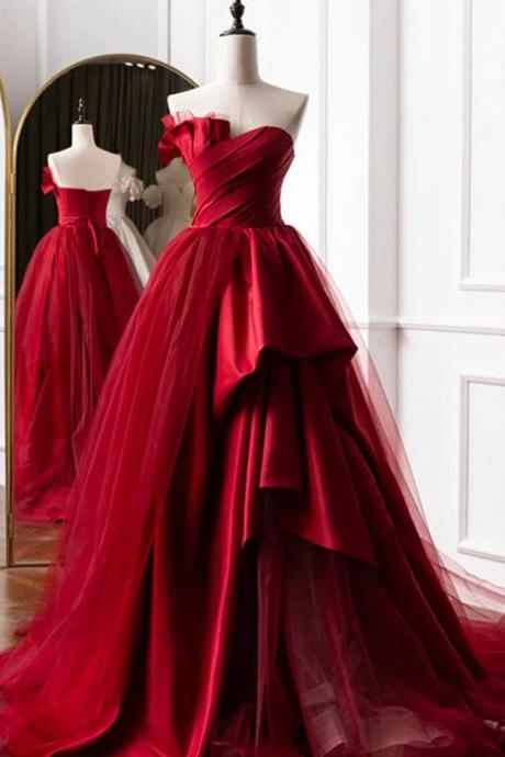 Red Tulle And Satin Long Sweetheart Party Dress Formal Evening Dress Prom Dress Sa2178