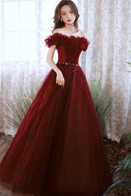 Off Shoulder Beaded Tulle Long Party Dress A-line Tulle Long Formal Dress Prom Dress Sa2182