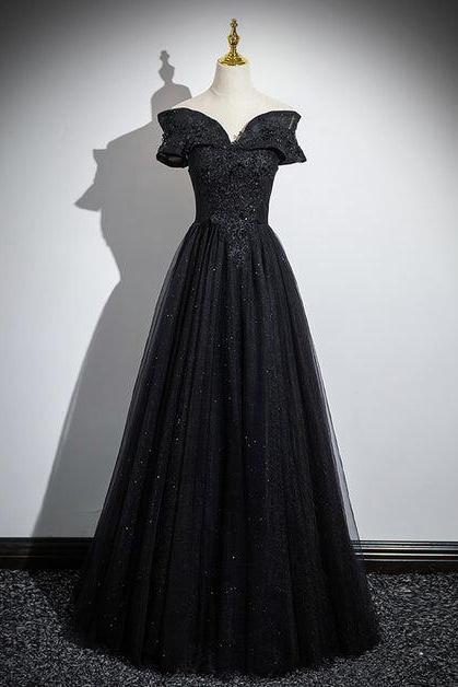 Off Shoulder A-line Tulle With Lace Party Dress Black Long Prom Formal Dress Sa2184