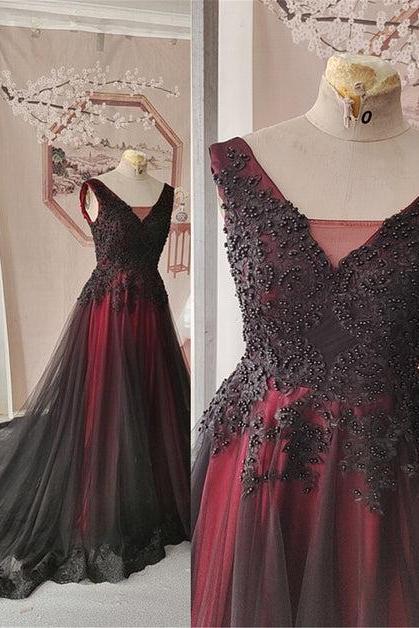 Black And Red Tulle V-neckline Beaded Party Dress Evening Dress Formal Dress Sa2185
