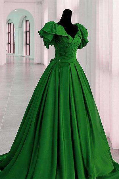 Green Satin Off Shoulder Long Party Dress Formal Prom Dress Evening Dress Sa2186