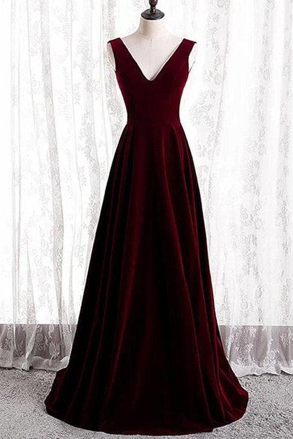 Wine Red Velvet V-neckline Simple Long Party Dress Formal Dress Sa2188