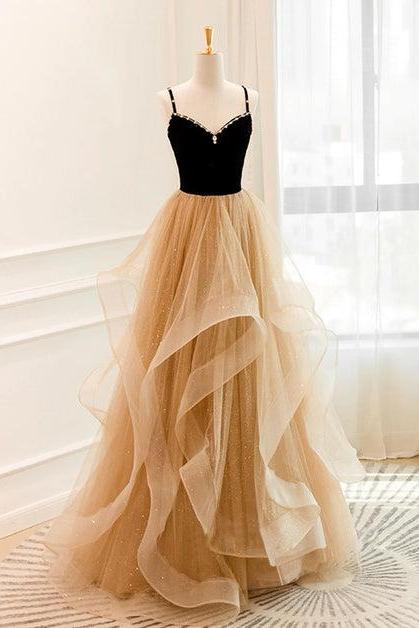 Champagne A-line Beaded Strap Party Dress Formal Tulle Layers Long Prom Dress Sa2189