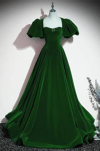 Velvet Backless Long Party Dress Green Short Sleeves Formal Dress Prom Dress Sa2190