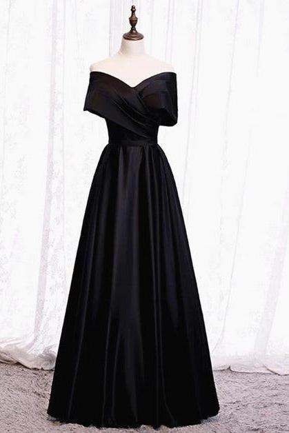 Black Satin Sweetheart Off Shoulder Party Dress Formal A-line Long Prom Dress Sa2192