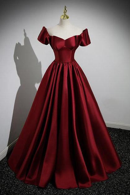 Wine Red Satin Long Party Dress Off Shoulder Sweetheart Floor Length Prom Formal Dress Sa2194