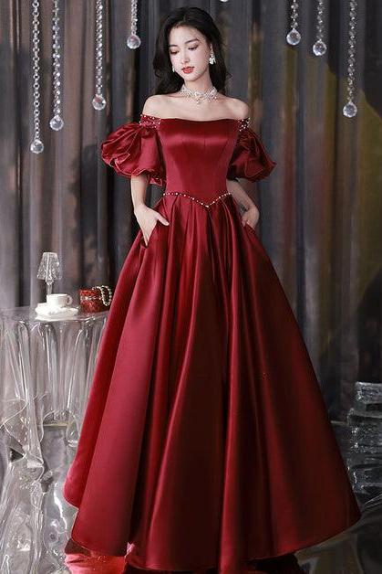 Wine Red Satin Beaded Chic Long Party Dress Puffy Sleeves Prom Dress Formal Dress Sa2195