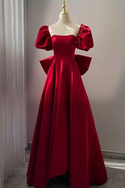 Wine Red Short Sleeves Satin A-line Party Dress Long Prom Dress With Bow Formal Dress Sa2196