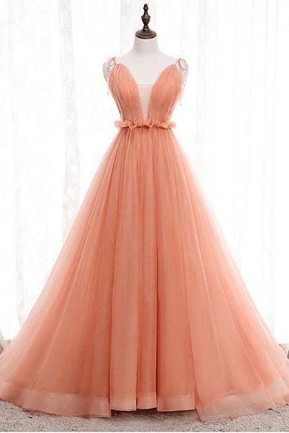 A-line Tulle Straps Low Back Long Wedding Party Dress Pink Tulle Long Prom Formal Dress Sa2197
