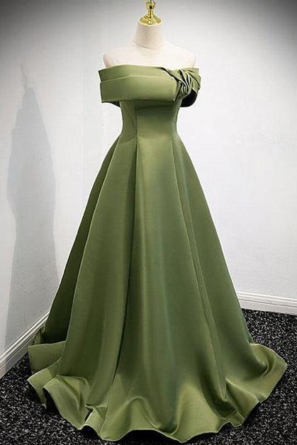 A-line Green Satin Off Shoulder Long Evening Dress Green Floor Length Prom Formal Dress Sa2198
