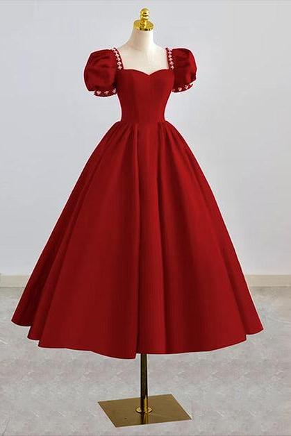 Dark Red Beaded Short Sleeves Tea Length Party Dress Dark Red Formal Dress Prom Dress Sa2200