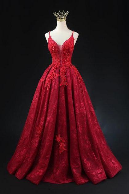 Wine Red Lace Applique Straps V-neckline Party Formal Dress Sa2201