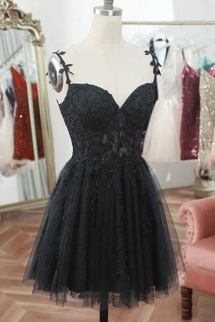 Black Lace Straps Tulle Short Party Drss Formal Sweetheart Homecoming Dress Sa2209