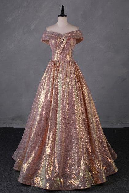 Charming Rose Gold Sequins Long Party Dress Off Shoulder Formal Prom Dress Sa2213