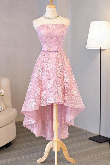 Cute Pink High Low Lace Scoop Homecoming Dress Formal Short Prom Dress Sa2214
