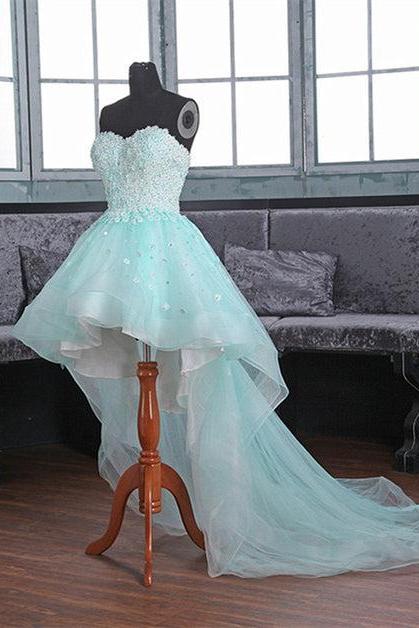 Light Blue Sweetheart Lace Applique High Low Party Dress Formal Homecoming Dress Sa2215