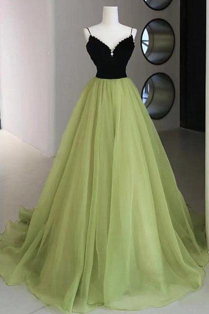 Light Green And Black Beaded Straps Long Party Formal Dress Sa2218