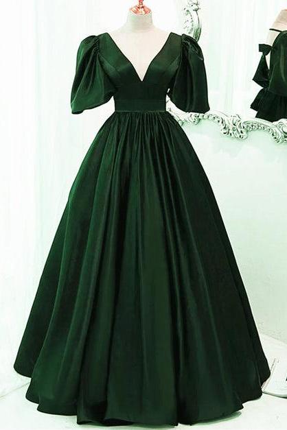 Green Satin Short Sleeves Long Party Dress Floor Length Evening Dress Prom Formal Dress Sa2219