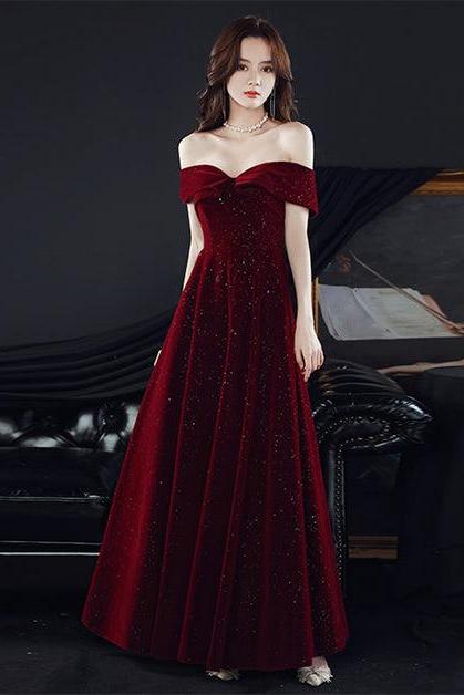Wine Red Velvet Off Shoulder Long Party Dress Prom Dress Evening Dress Sa2220