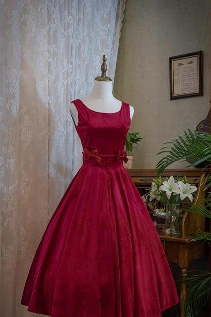 Wine Red Satin Tea Length Party Dress With Bow Formal Wedding Party Dress Sa2223
