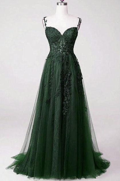 Green Straps Tulle With Lace Party Dress Sweetheart Floor Length Prom Formal Dress Sa2224