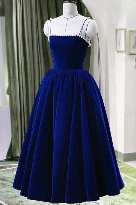 Blue Tea Length Velvet Straps Pearls Formal Dress Formal Homecoming Dress Sa2225