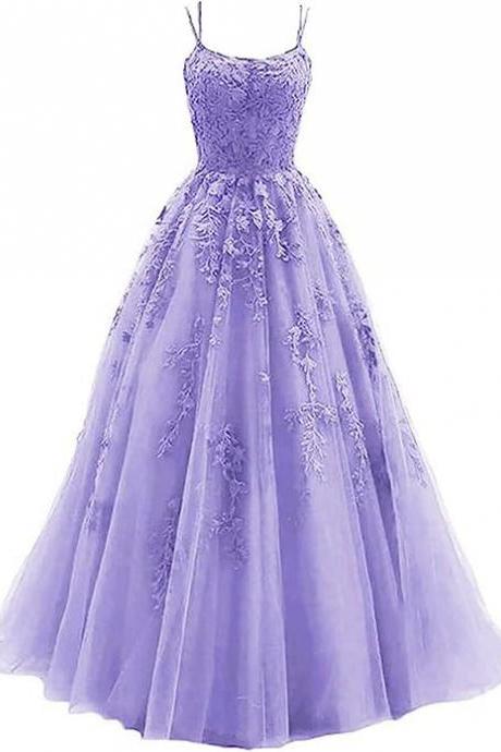 A-line Tulle With Lace Long Party Dress Formal Straps Lavender Prom Dress Sa2226