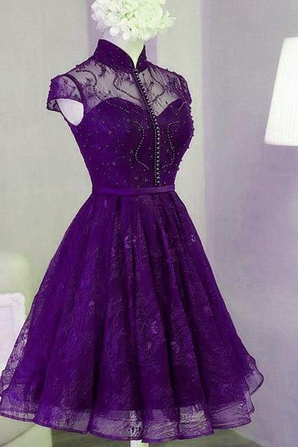 Purple Lace Knee Length Homecoming Dress Lace Short Prom Formal Dress Sa2227