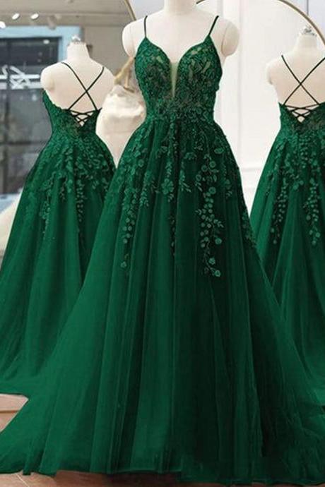Dark Green A-line V-neckline Tulle And Lace Party Dres Formal Long Prom Dress Sa2228