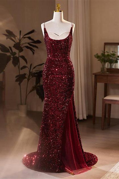 Wine Red Sequins Mermaid Long Formal Dress Evening Dress Party Dress Sa2229