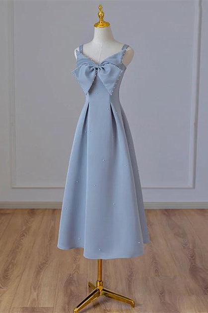 Blue Tea Length Satin Straps Formal Dress A-line Wedding Party Dress Sa2232