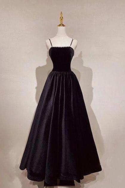 A-line Black Velvet Floor-length Prom Dress Pearls Spaghetti Straps Long Formal Party Dress Sa2233