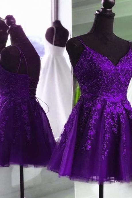 V Neck Beaded Purple Lace Prom Dress Lace Homecoming Dress Short Formal Party Dress Sa2234